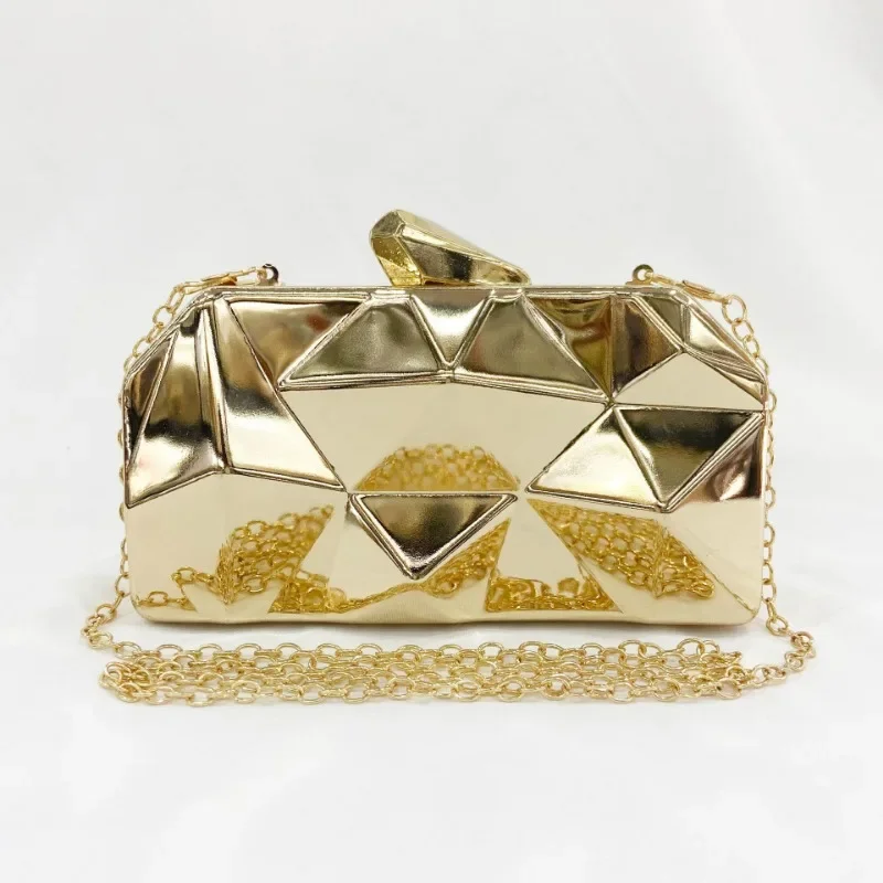

Metalic Gold Clutch Bag Chic Geometric Diamond Handheld Evening Purse with Crossbody Chain Punk Style Party Handbags Bolso Femme