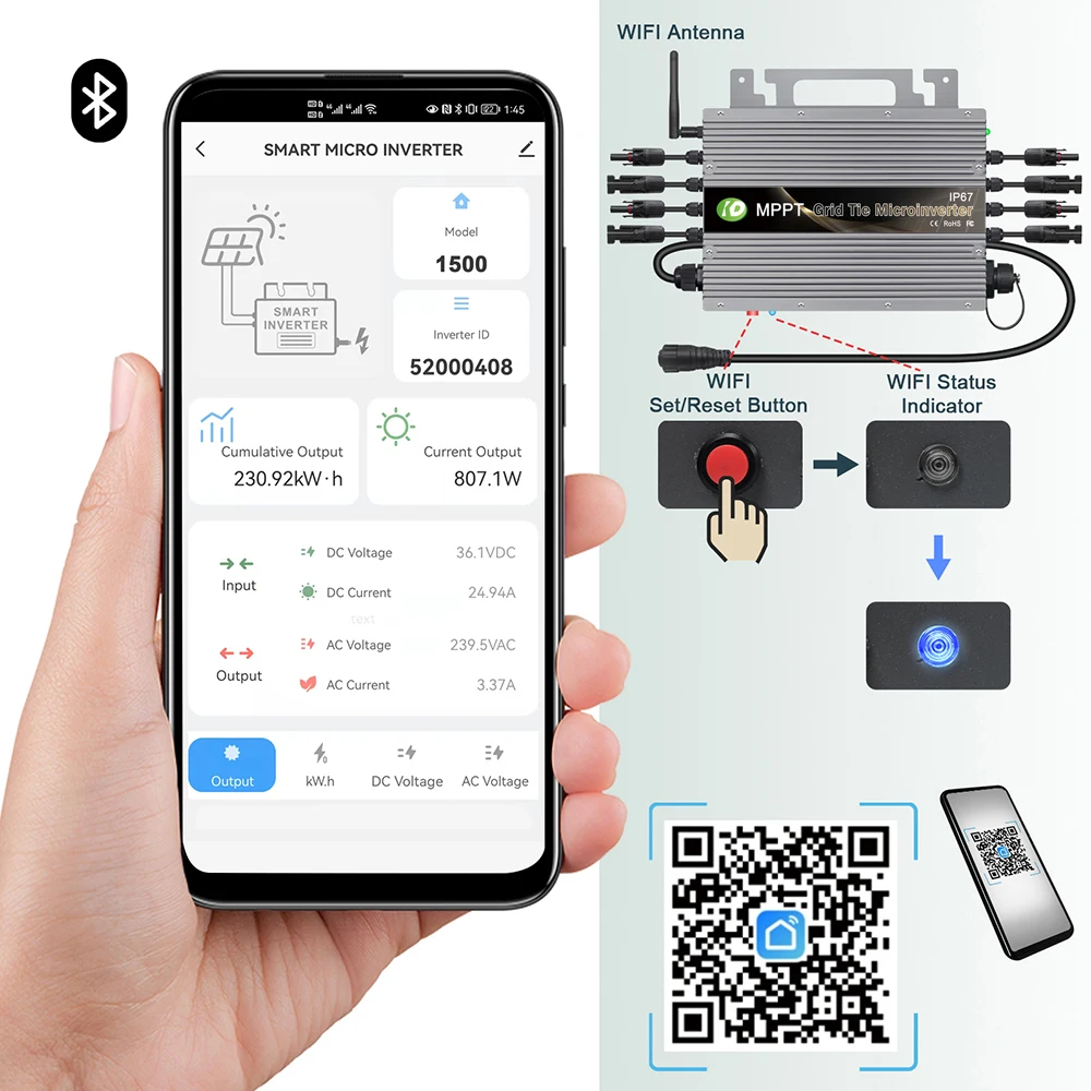 1400W 1500W Grid Tie Solar Inverter 20-60VDC Input WiFi Function Waterproof AC Output 80-265VAC Grid For Solar Panel Generate