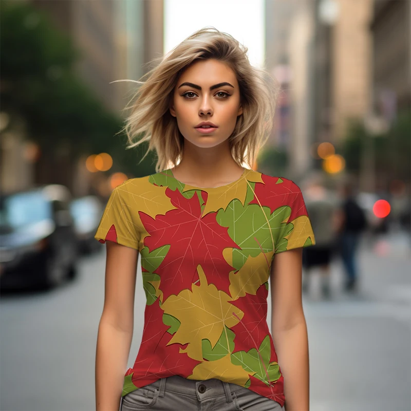 Yellow Leaf 3D Printed Women's T-shirt Casual Style Women's T-shirt Fashion Trend Women's T-shirt Summer New Women's T-shirt