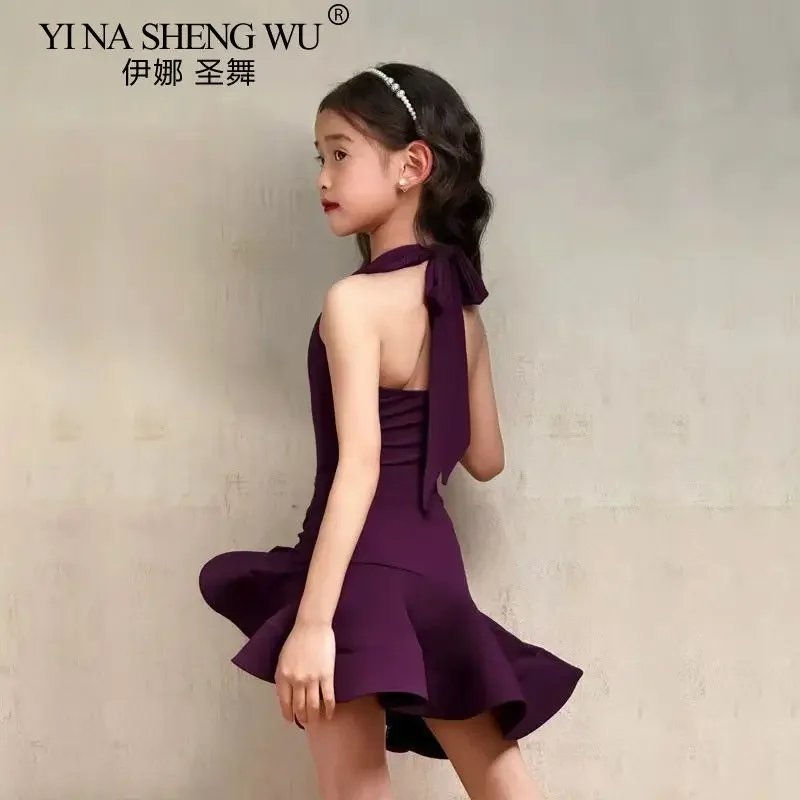Vestito da ballo latino per ragazze Gonna arricciata con scollo all'americana viola senza maniche Bambini Salsa Rumba Cha Cha Costume da competizione per bambini