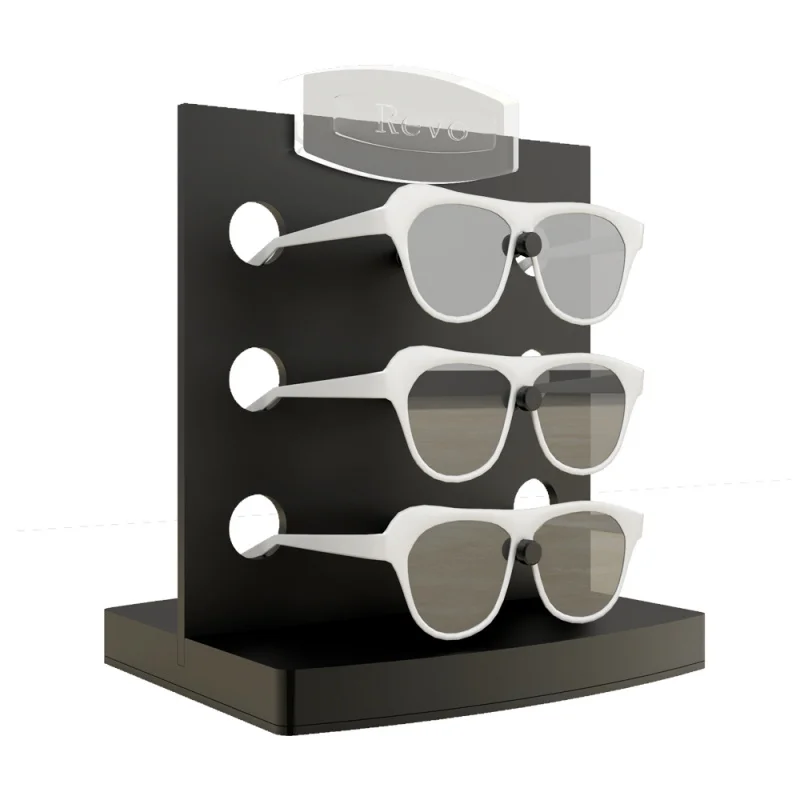 custom.Custom sunglasses eyeglasses fashion shop curve logo 3 slot floor counter stand optical frame display holder