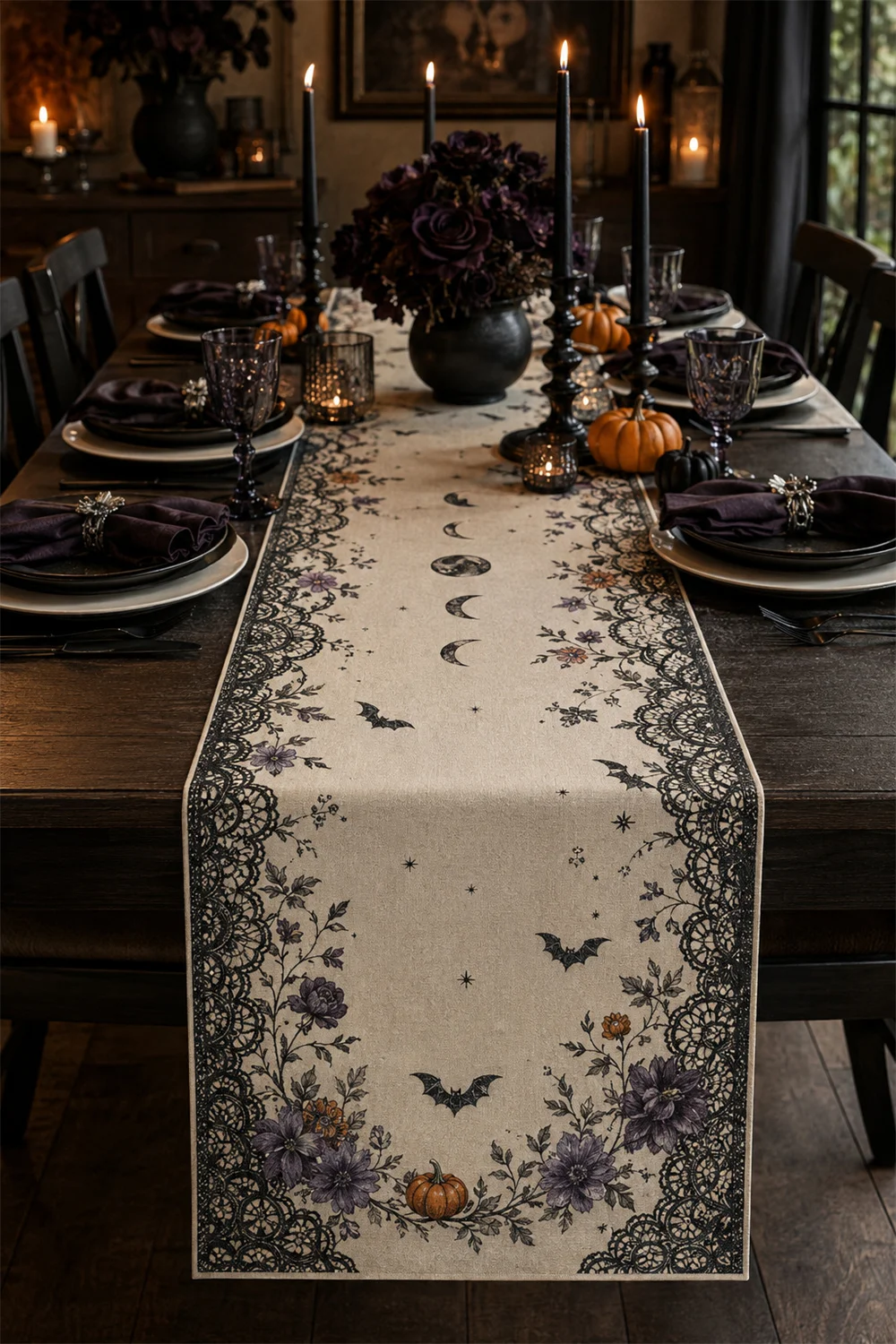 Gothic Lace Bat Moon Table Runner Floral Border Celestial Design Dining Room Decor Home Decoration Gift Style