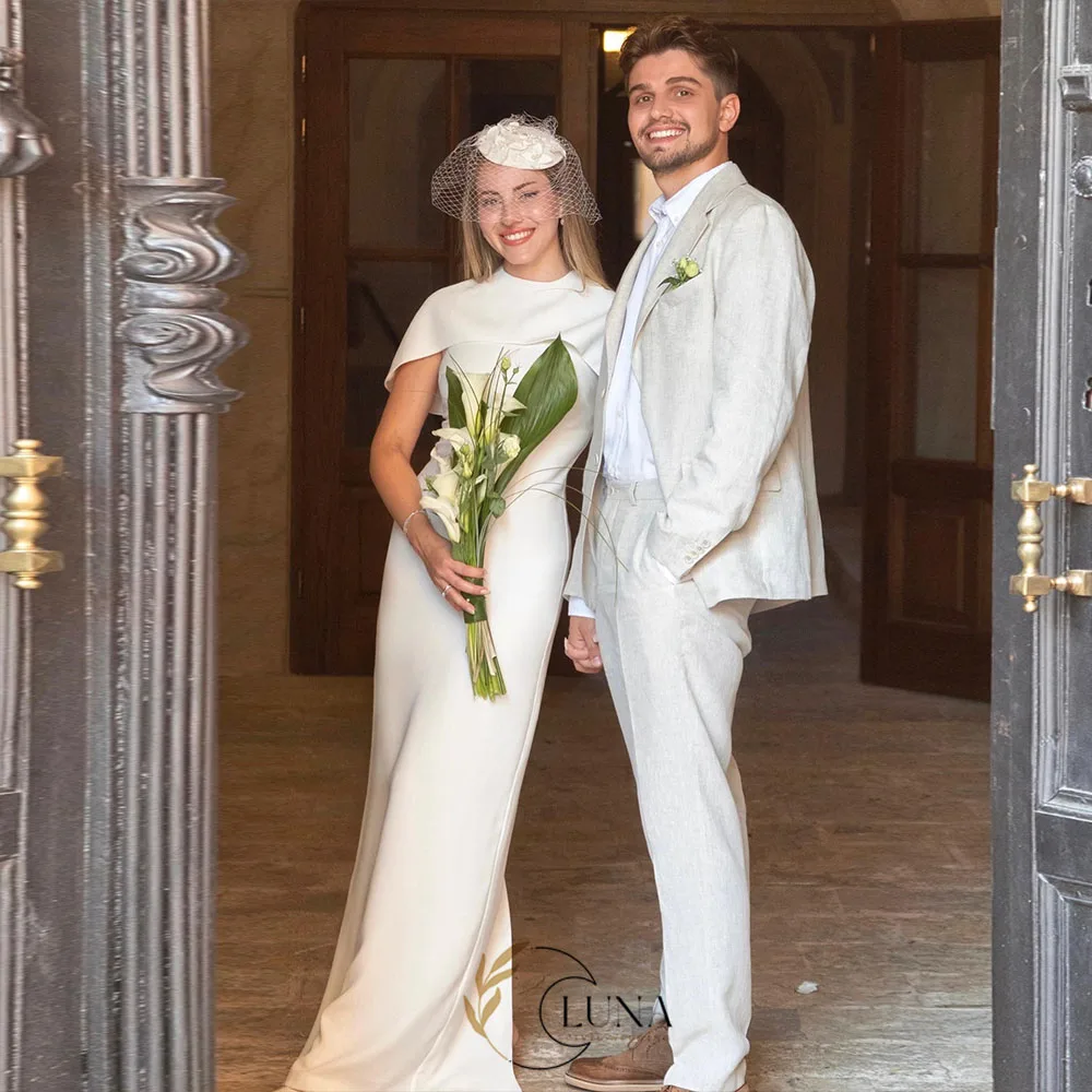 Luna Customized Crepe Simple Sheath Wedding Dresses Plain White Elegant Bridal Dress Cap Sleeves Robe De Mariée
