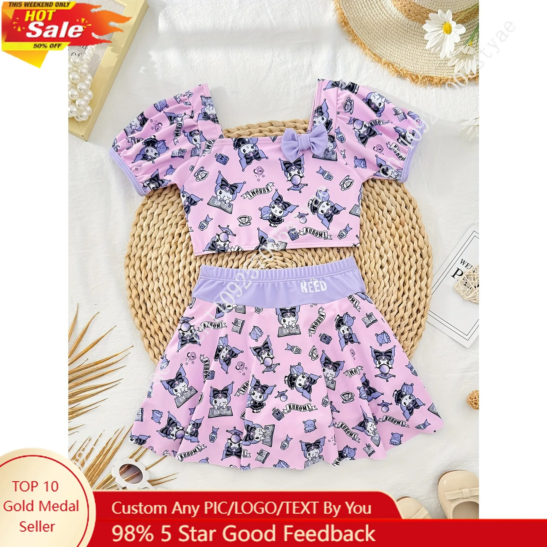 

Kuromi Kids Two-Piece Swimsuit Girls Fashion Purple Bathing Suit Set