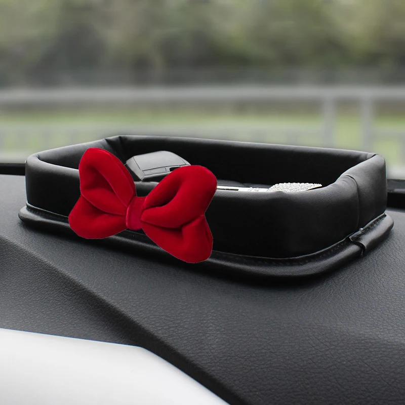 Neue Rote Schleife Leder Auto Dashboard Konsole Lagerung Box Organizer Für Handy Papier Schlüssel Münze Halter Auto Innen Zubehör