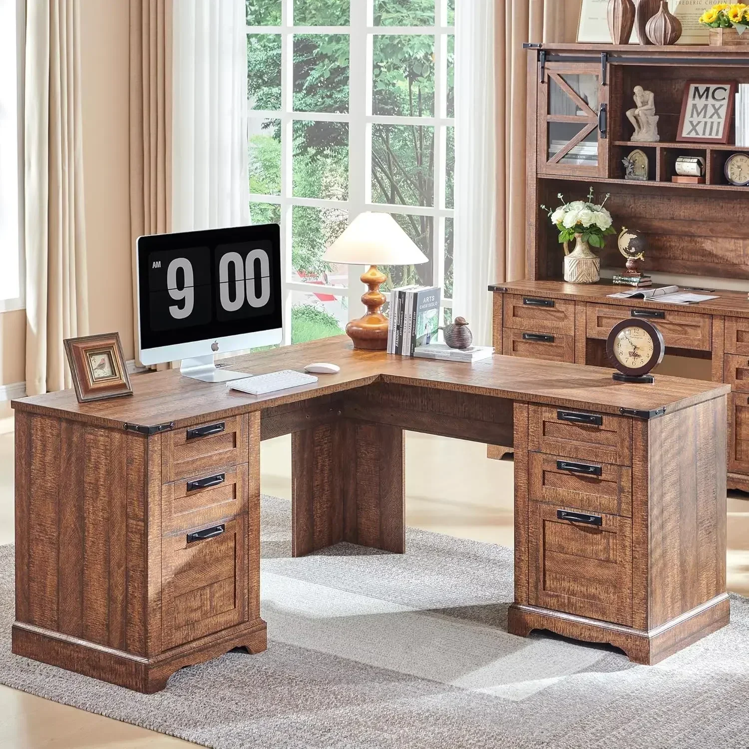 

Bestseller60" Farmhouse L Shaped Executive Desk with Drawers, Wood Home Office Corner Desk with Charging Station, File Drawer