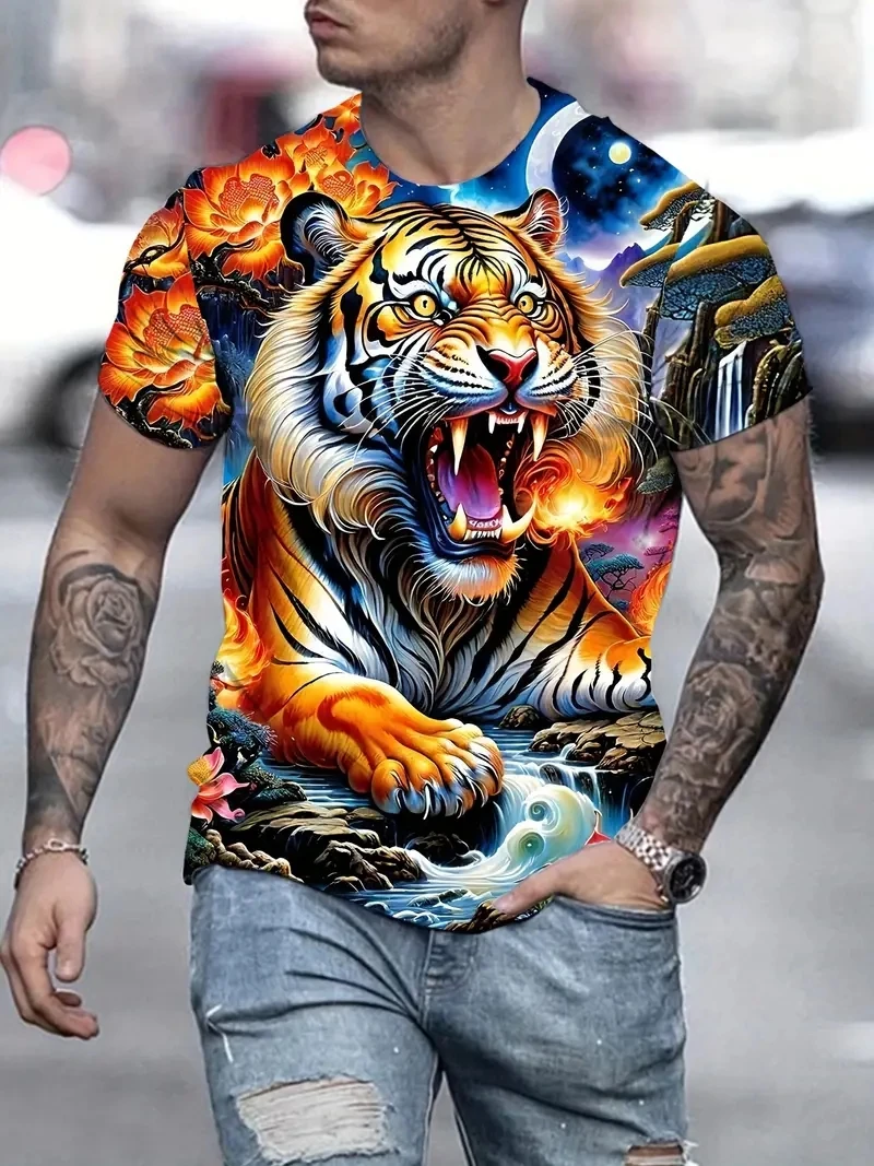

Men's PLUS size 3D tiger print short sleeved T-shirt, loose and casual, soft, comfortable and breathable, suitable for outdoor s