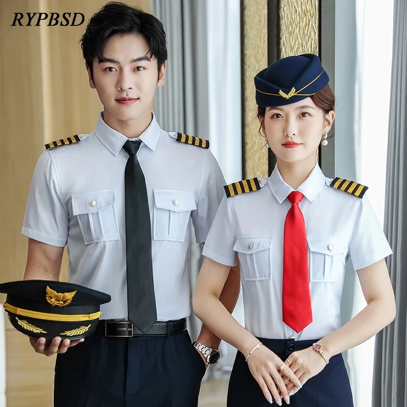 Aviation White Pilot Shirt Men Summer Short Sleeve Slim Captain Air Force Uniform Casual Dress Shirts for Men Workwear Clothing