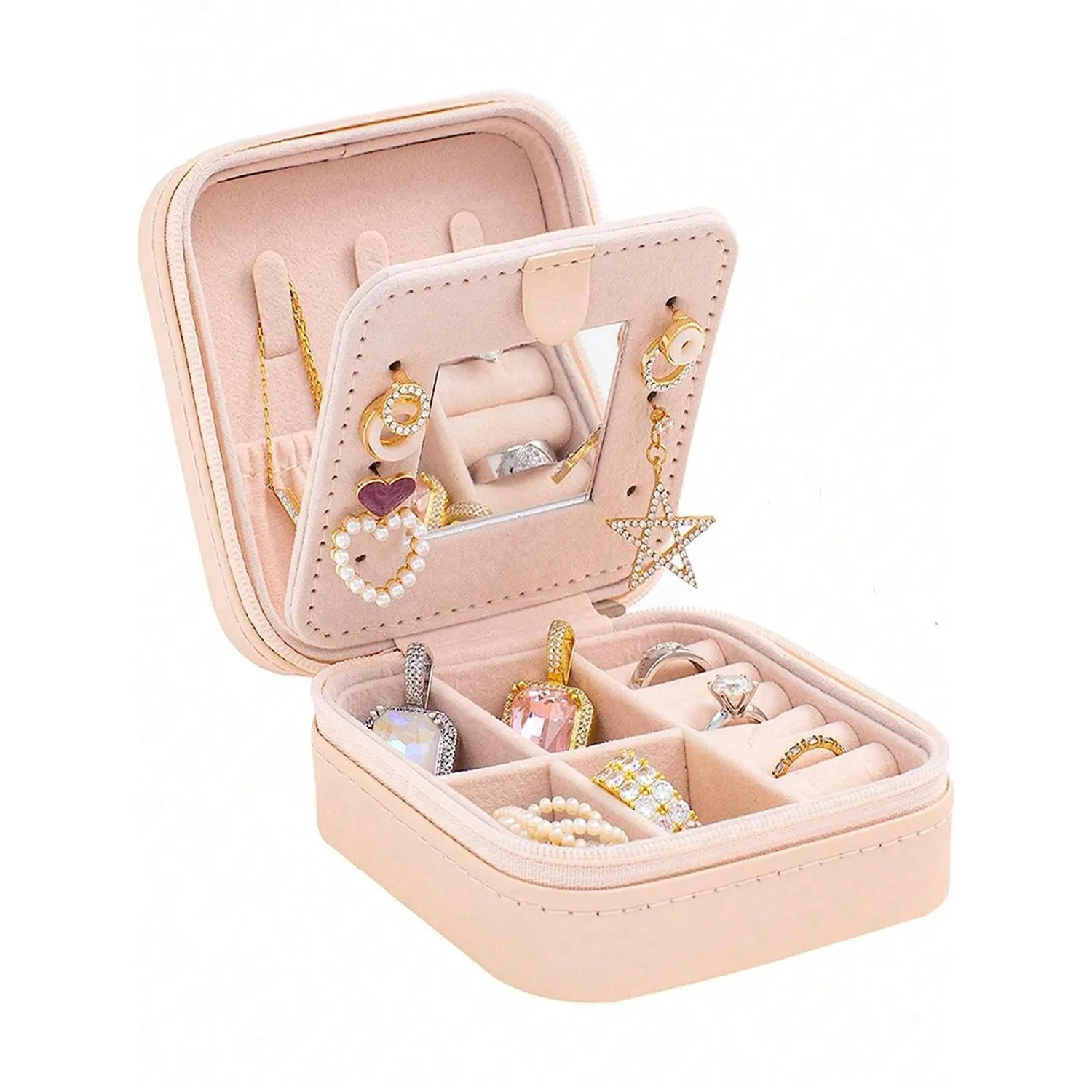 

1pc High-Quality PU Leather Jewelry Box With Mirror, Zipper Jewelry Organizer Case For Earrings, Necklaces And Rings, Convenient