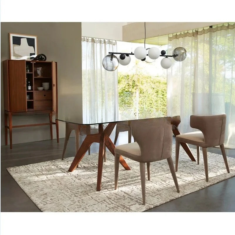 Creative retro black walnut tea table Italian personalized tempered glass dining table