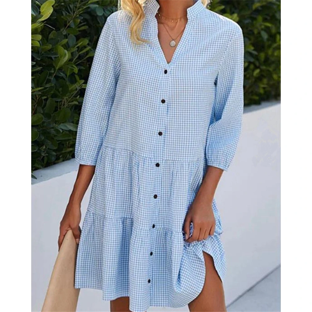 

Summer Women's Plaid Print Ruched Three Quarter Casual Buttoned Loose Dress Femme V Neck Slim Party Blue Dresses Spring Elegant