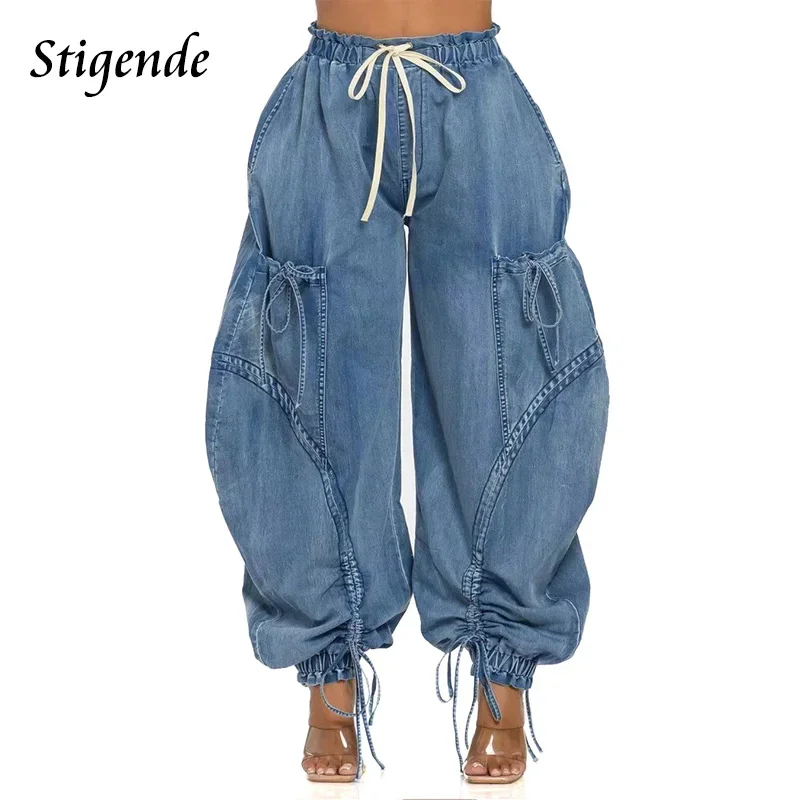 Drawstring Loose Fit Hip Hop Cargo Jeans Women Baggy Harem Denim Pants with Multiple Pockets