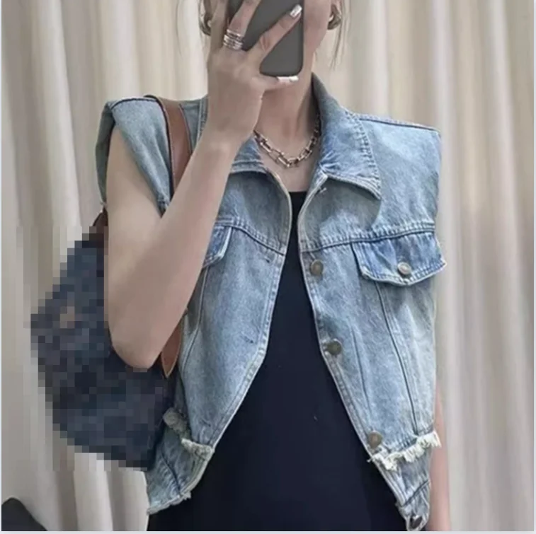 2024 Spring/Summer New Vest Coat Women's Fashion Trend Retro Fur Edge Shoulder Short Denim  Casual Flip Collar Top