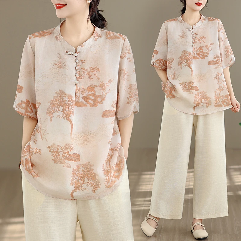 

Корейский стиль: Новинка! Модный комплект из двух предметов (рубашка и брюки) для женщин больших размеров в китайском стиле. Весна-Лето 2026.