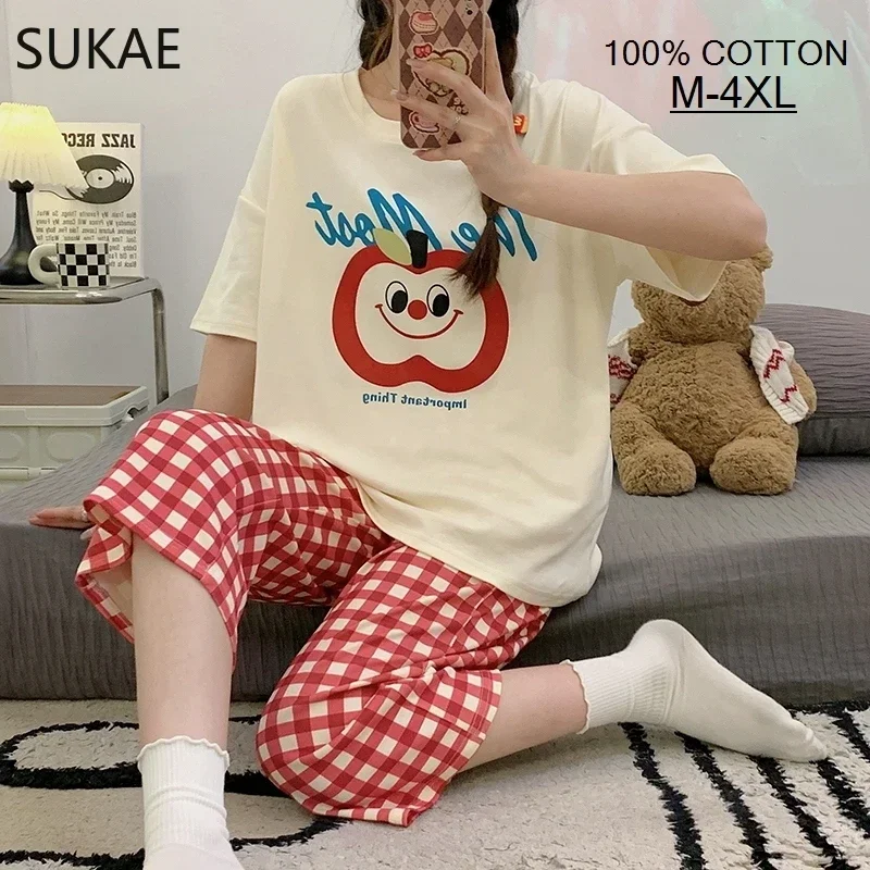 SUKAE 100% Cotton M-4XL Women Pajamas Set Summer Sleepwear Short Knee-length Pants Nightwear Capris Loungewear Cartoon Pijama