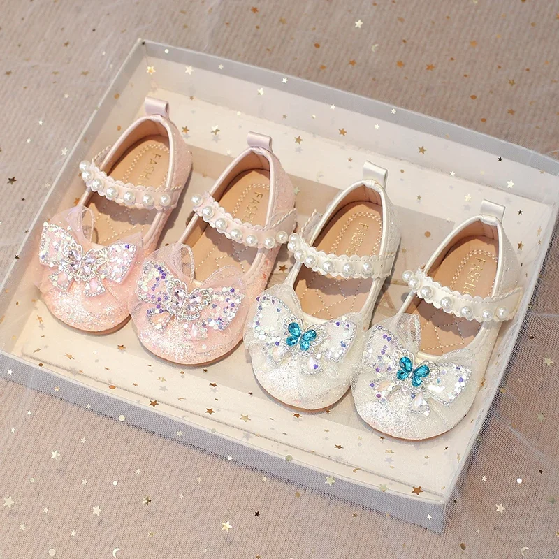Little Girls Princess Shoes Sequins Lace Butterfly Beautiful Glitter Rhinestone Blue Crystal Kids Flats Chic Shoes Wedding Party