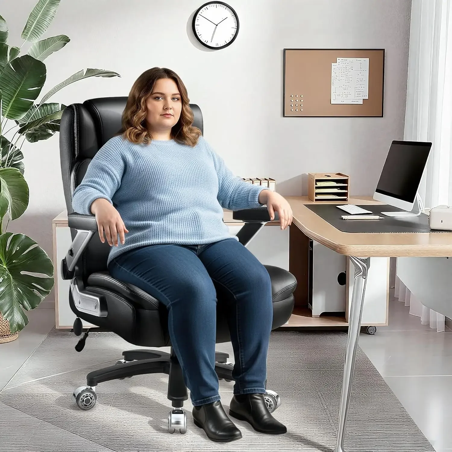 Cadeira de escritório resistente de 700LBS com braços 5D, cadeira de mesa executiva com encosto alto, suporte lombar ajustável, rodas duplas de borracha (preto