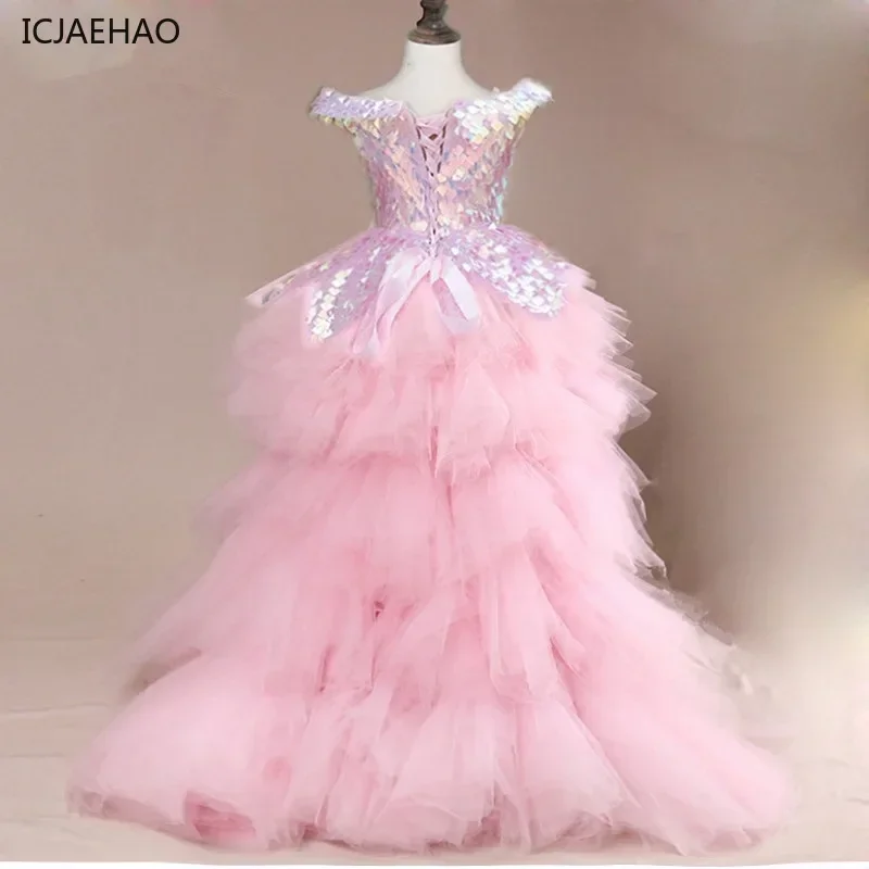 2025 Kids Dress Flower Girl Children Wedding Bridemaid Mermaid Dresses Pink Tutu Sequin Gowns Girl Boutique Party Costumes