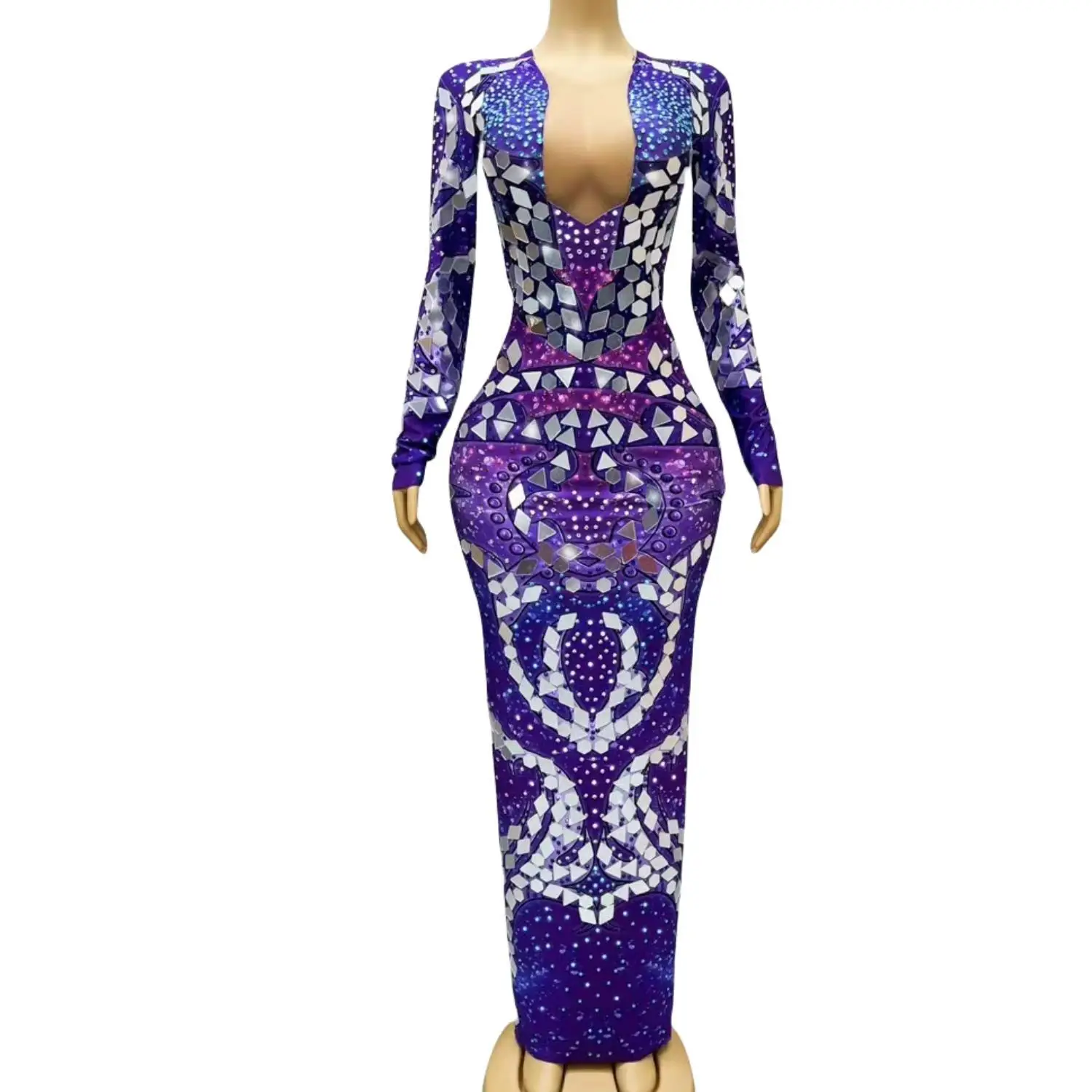 

Summer Silver Mirrors Purple Rhinestones Dress Long Birthday Celebrate Costume Evening Dance Performance Collections Ziguang