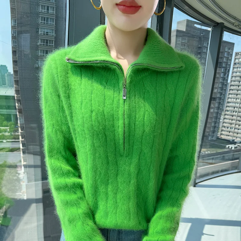 

Осень/зима 2025, новый вязаный женский свитер из норковой шерсти на молнии с высоким лацканом и толстой шерстяной блузкой с поворотом