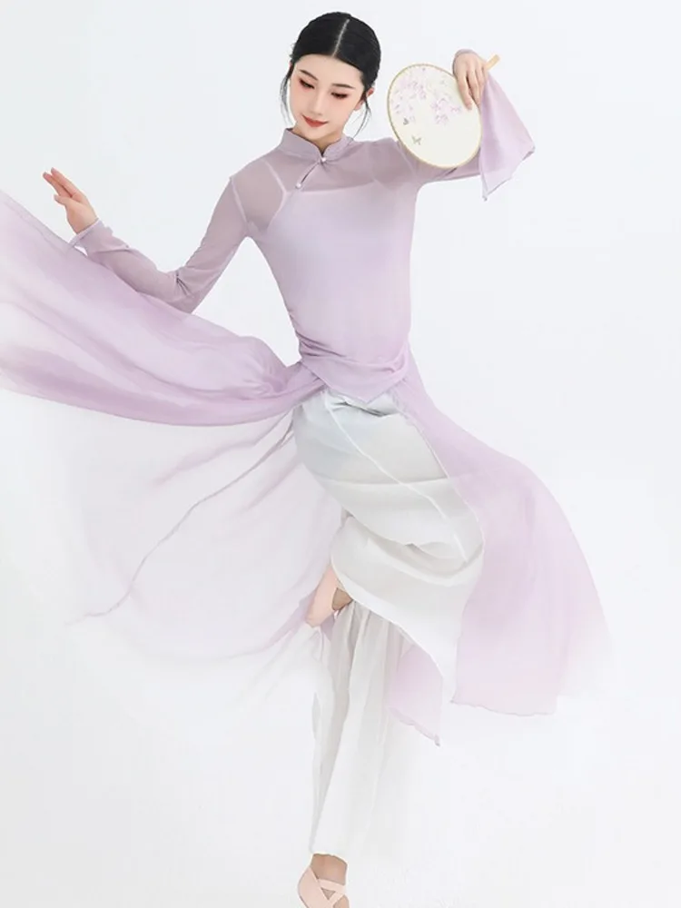 Solid Color Slim Fit Dance Top with Stand Collar and Slit + Mesh Wide-Leg Pants – Elegant Ballet Stage Costume Set