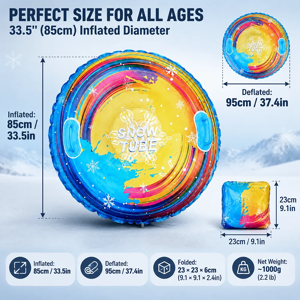 4 Iridescent Color Options Inflatable PVC Snow Tube, Heavy Duty Snow Sled with Safety Handles, Foldable Ski Ring Winter Outdoor