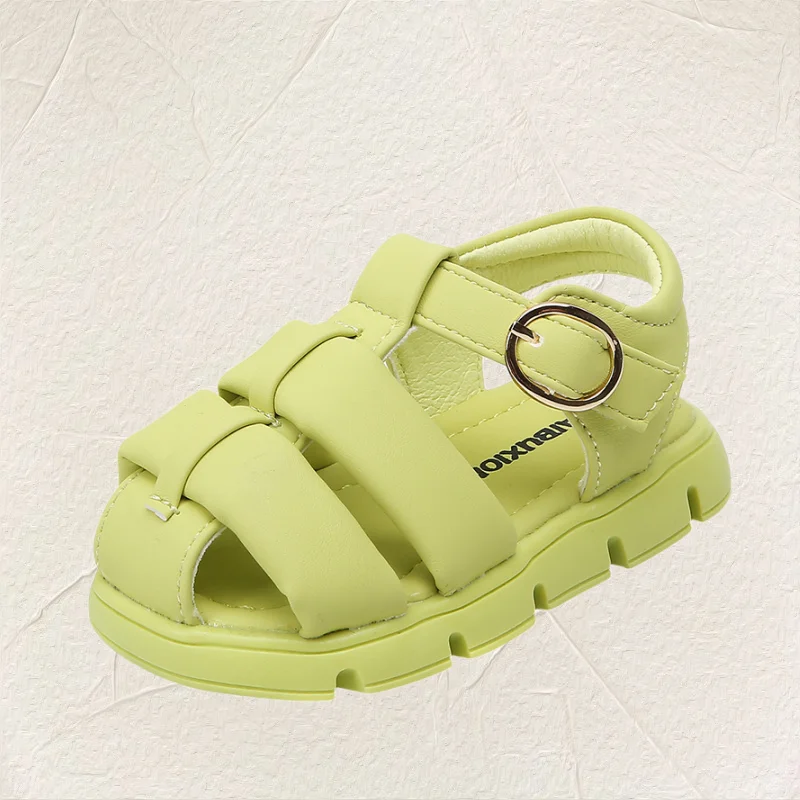 12-16cm Kids Sandals Solid Green Beige Boys Girls Closed Toe Summer Shoes 0-3Years Soft Rubbler Sole Children Beach Sandal