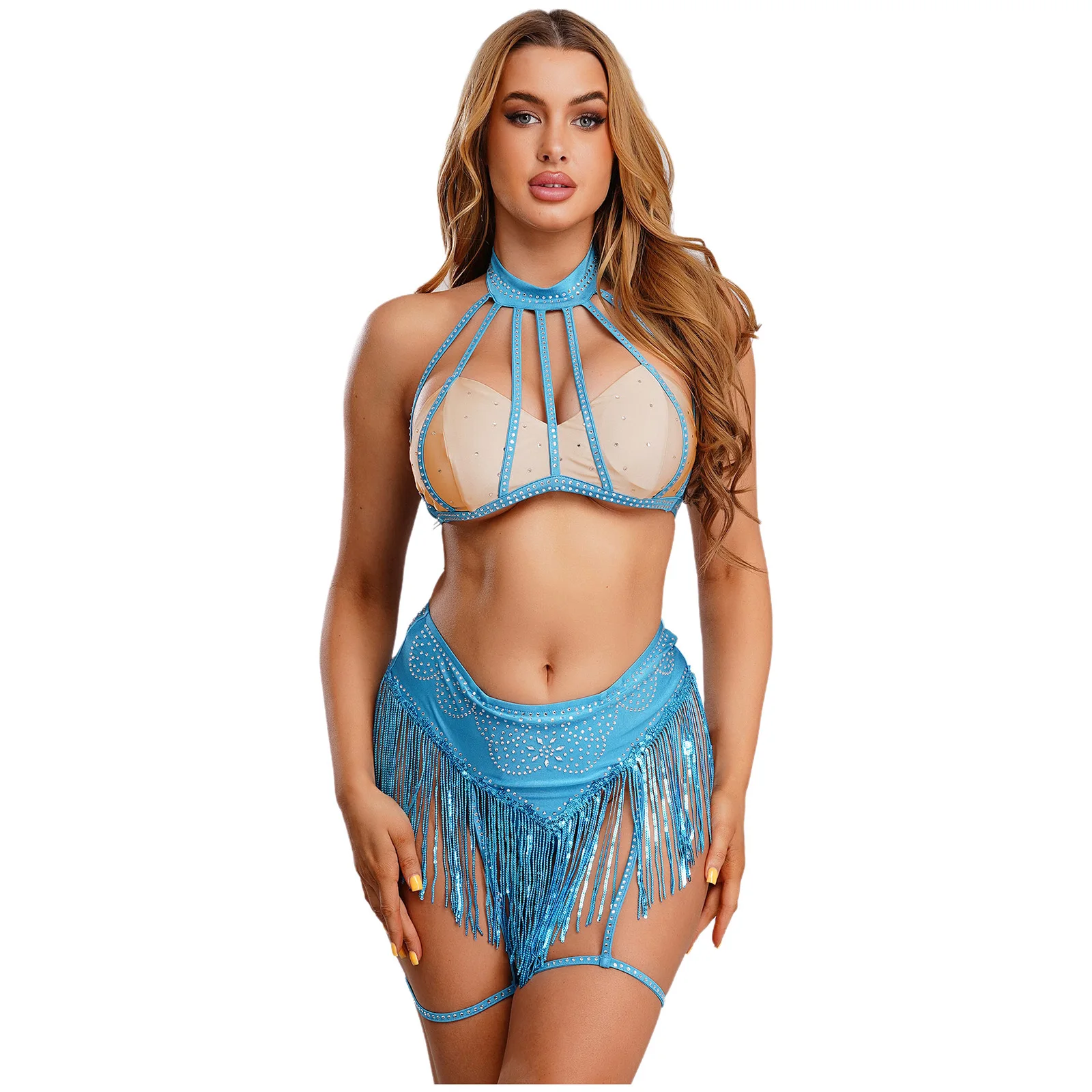 

Женская одежда для танца живота, укороченный топ в клетку со стразами и трусы с кисточками и блестками с подвязками на бедрах, Клубная одежда Raves