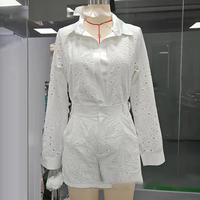 Conjunto de dos piezas de camisa y pantalones con botones de solapa para mujer, traje ajustado con bolsillo liso, Jacquard, manga larga, para playa, para oficina