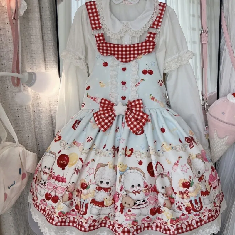 Abito giapponese Kawaii Lolita Jsk da donna simpatico cartone animato orso stampa fiocco in pizzo volant cinturino abito ragazze dolce tea party mini abiti