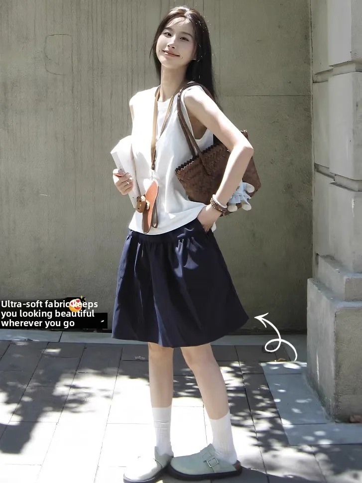 

Loose A-Line Skirt Women's Casual Summer College Sle Loose Feeling Tibetan Blue ort Skirt High Waist Stand Fit
