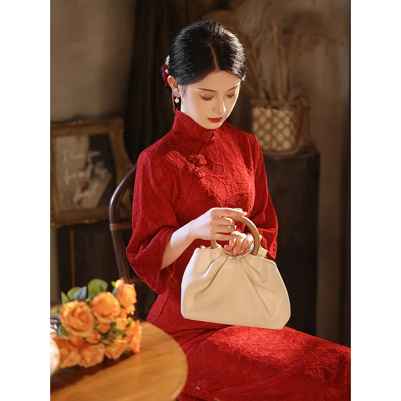 Yourqipao Chinese Red Cheongsam Mid Sleeve Lace Wedding Toast Dress Women Tea Ceremony Back Door Wedding Toast Qipao