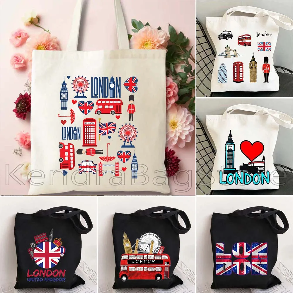 Icones de la ciudad de Londres Inglaterra Unión Jack Reino Unido paisaje urbano Big Ben regalos turísticos bolsa de mano de comestibles reutilizable bolso ecológico de lona