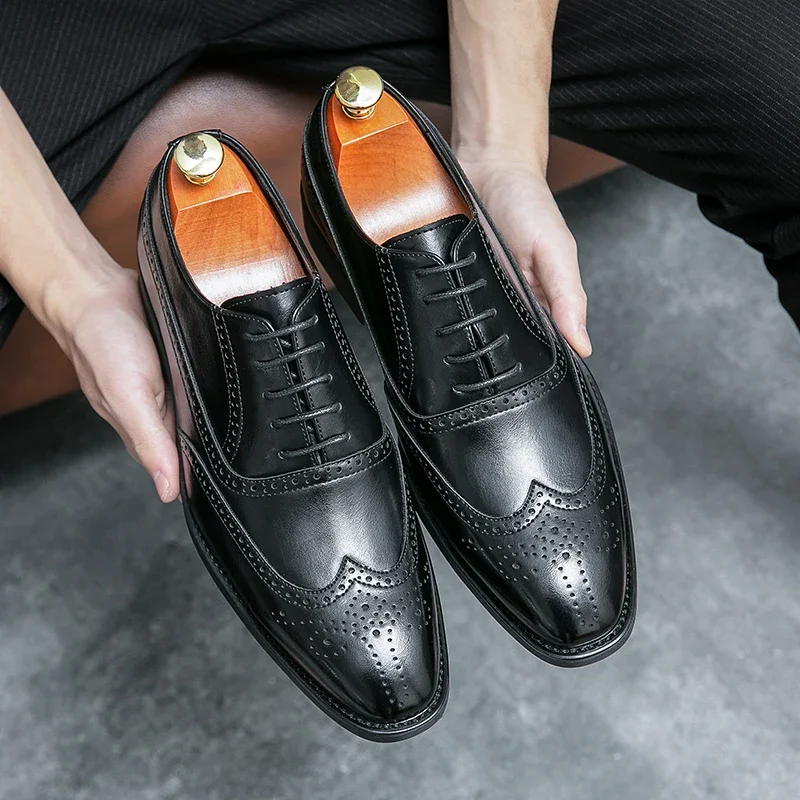 Black Brogue Shoes Lace-up Square Toe Spring Autumn Handmade Oxford Shoes for Men  Size 38-46