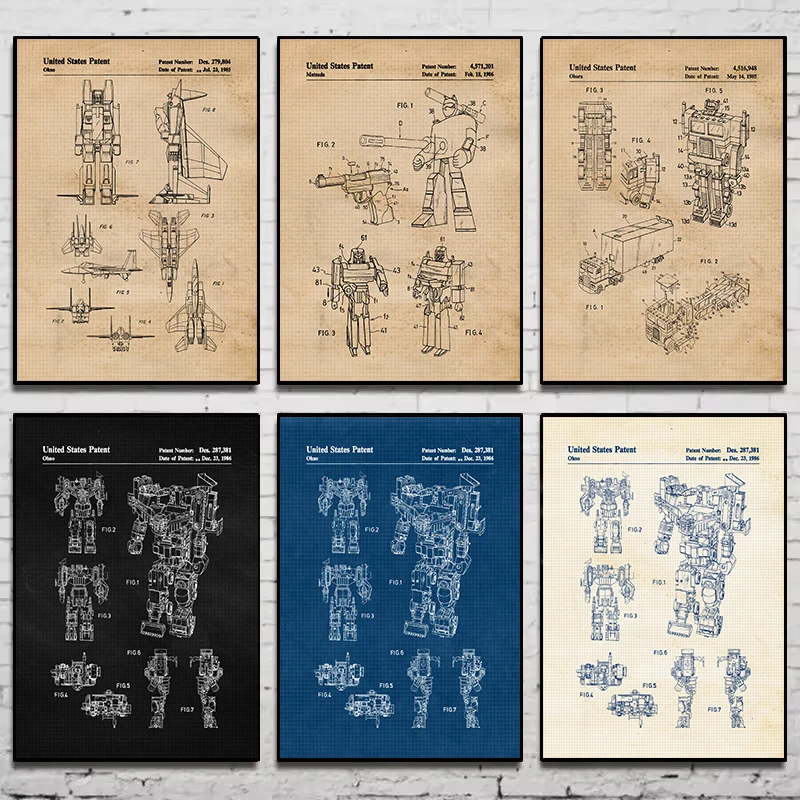 Vintage Transformer Robots Toys Patent Optimus Prime Blueprint Poster Canvas Painting Wall Art Pictures Home Decor Gift