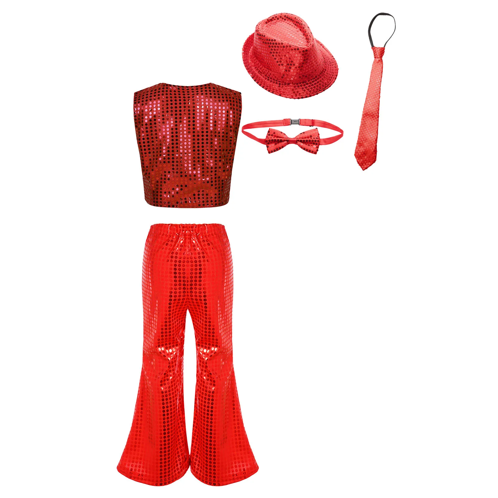 Kids Boys Girls Dance Set for Jazz Hip Hop Dance Stage Performance Shiny Sequin Waistcoat Elastic Waistband Flared Pants And Hat