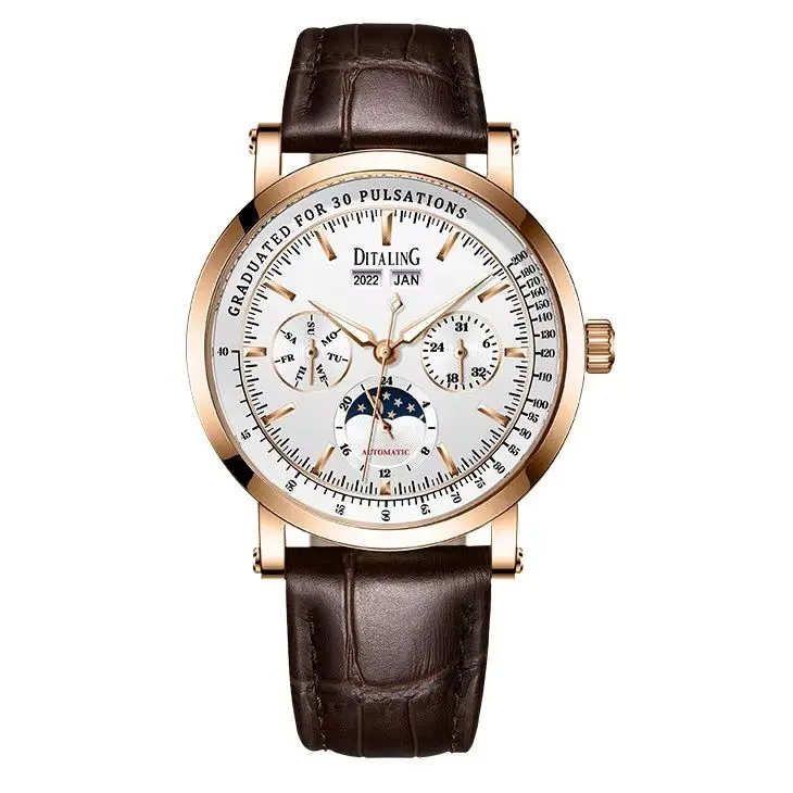DITALING Men Automatic Watch 43MM Mechanical Wristwatch Waterproof Sapphire Mirror Multi-Dial Year Month Week