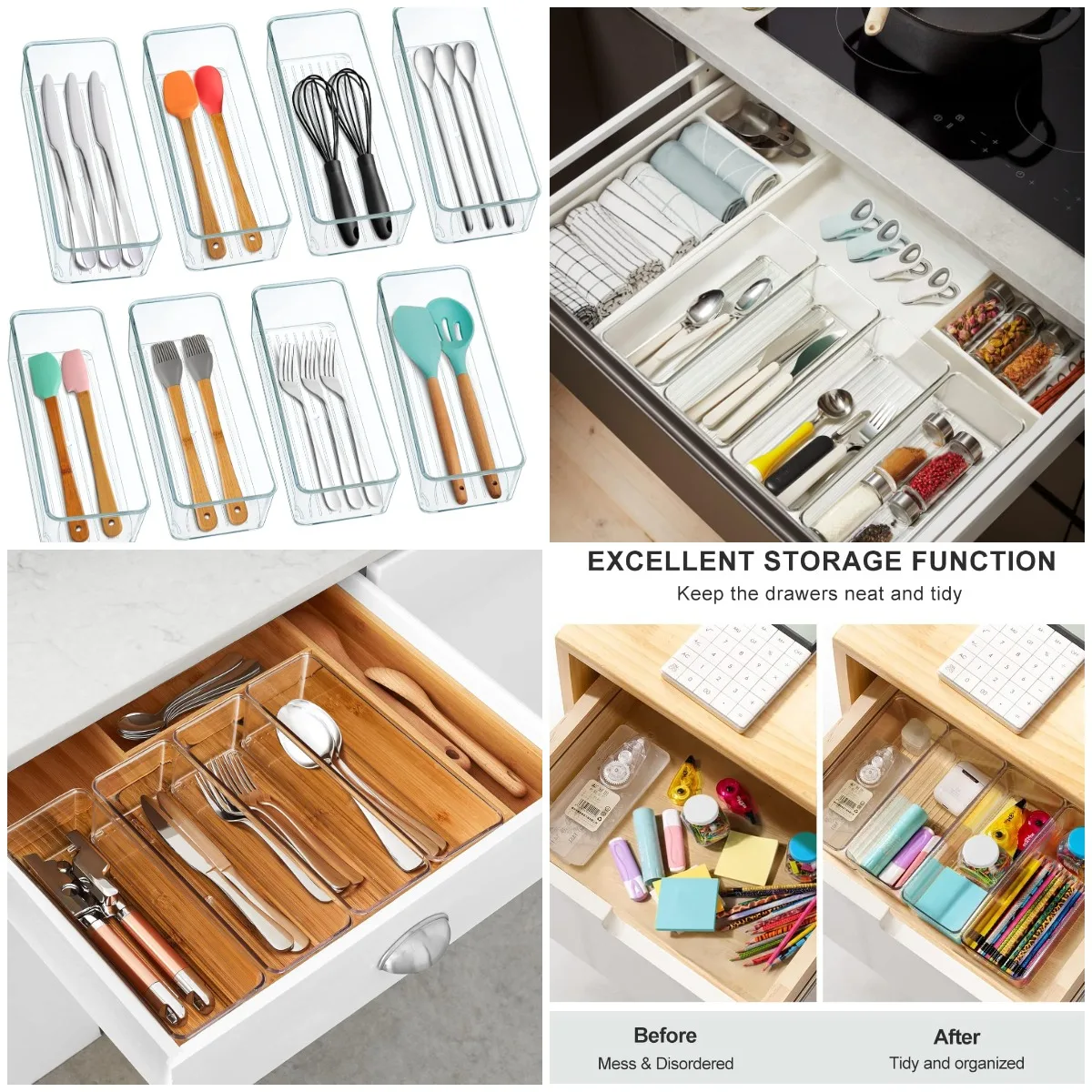 

8 Pack Clear Plastic Drawer Organizers, Stackable Trays for Kitchen, Bathroom, Office & Crafts