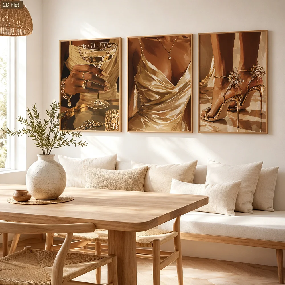 3Pcs Luxury Dress Champagne High Heels Canvas Poster Wall Art,2D Print Wall Decor,Art Home Decoration For Living Room Bedroom