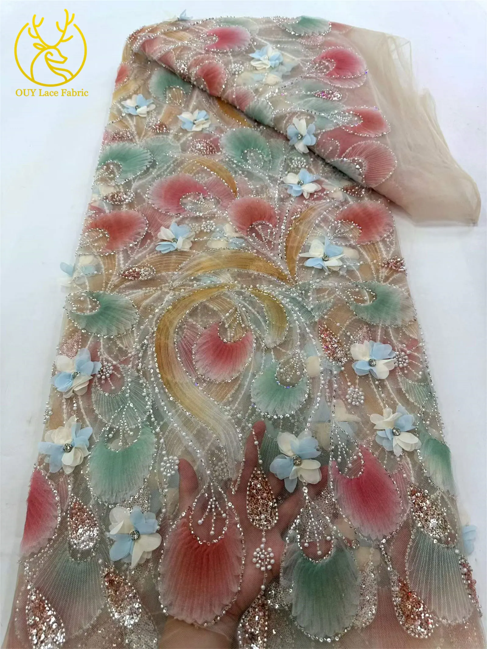 Eleganter 3D-Blumen-Afrikanischer Perlen-Spitzenstoff 2026 Französischer Nigerianischer Pailletten-Tüll-Spitzenstoff für Party- und Hochzeitskleider 5 Yards – Detail 17