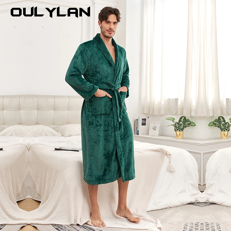 Oulylan-Camisón de franela con bolsillos para hombre, ropa de dormir de manga larga con cordones, frente abierto, hasta la rodilla, albornoz de salón