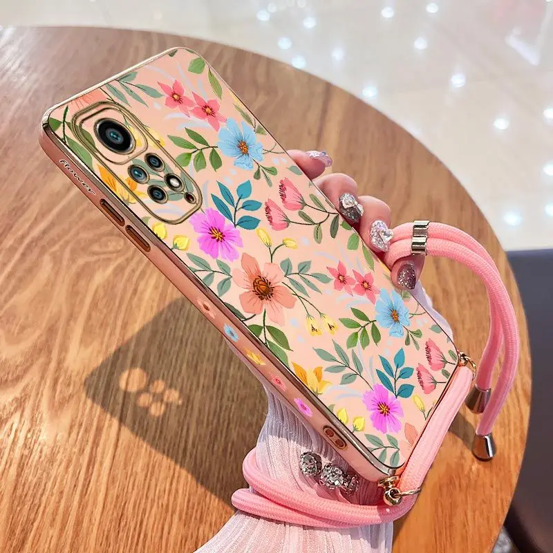 Color Flower Lanyard Plating Phone Case For Xiaomi Redmi Note 11 Pro Plus 12Pro Plus 11 11S 10 Pro 12 9S 8 Pro Cover
