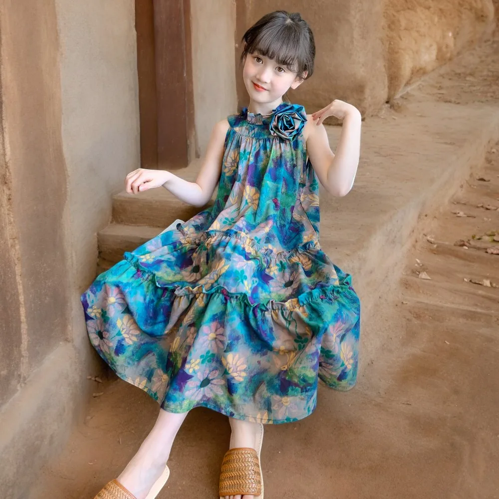 Teens Kids Chiffon Dresses for Baby Bohemia Long Dress Girls Summer Outfits Sleeveless Children Lolita Costumes 6 8 10 12 Years