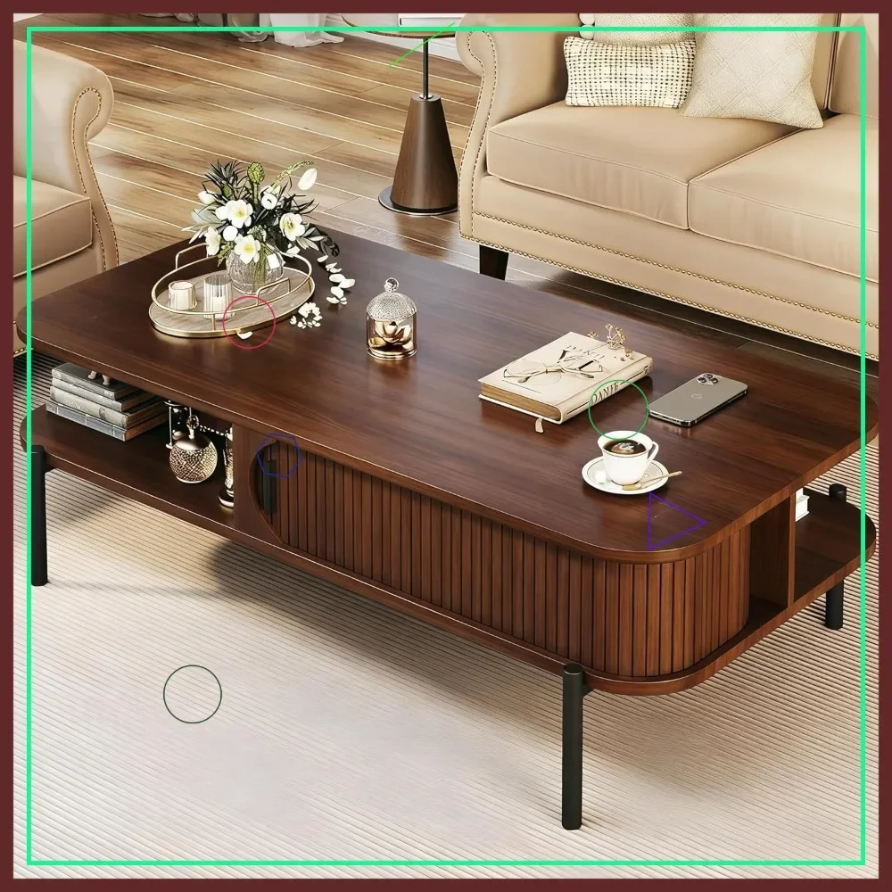 

Журнальный столик в стиле Mid-Century Modern с местом для хранения, 47,2 дюйма, из орехового дерева, для гостиной, с рифленым дизайном и раздвижной дверцей шкафа