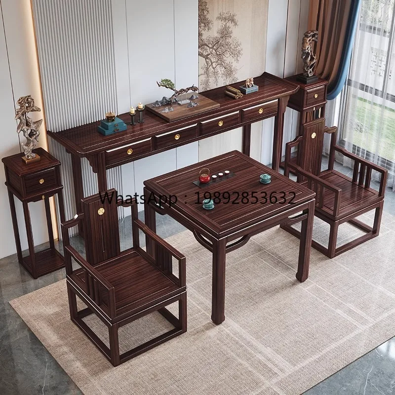 LYY New Chinese Style Solid Wood Altar Six-Piece Set Tai Shi Chair Black Walnut Wood Offering Table Combination Eight Immortals