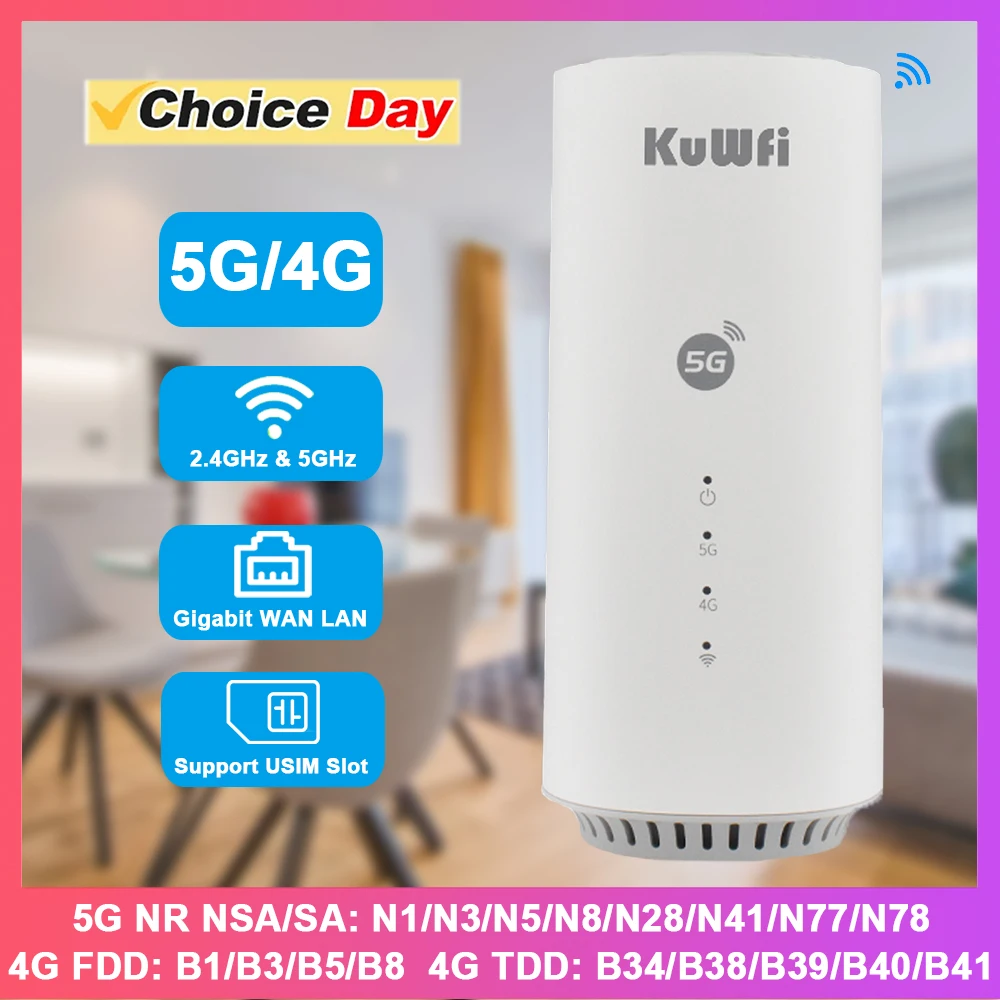 

KuWFi 5G CPE Router AX3000 2.4GHz 5GHz Wireless Wi-Fi6 Router 5G SA/NSA Modem Gigabit Ethernet Port with USIM Slot Support VPN