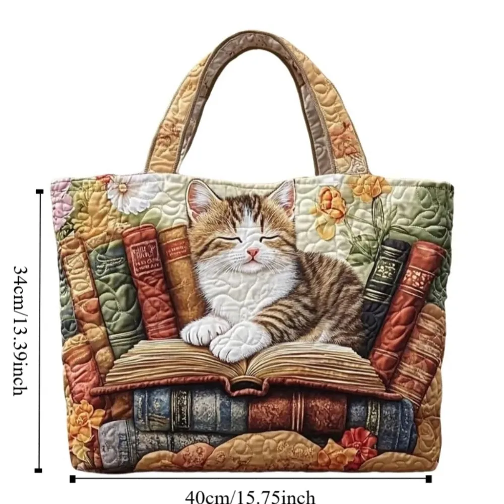 Cat Patterns Women Quilted Tote Bag Vintage Lightweight Travel Handbag Cotton Large Capacity Shopping Bag Lady Girl view 6
