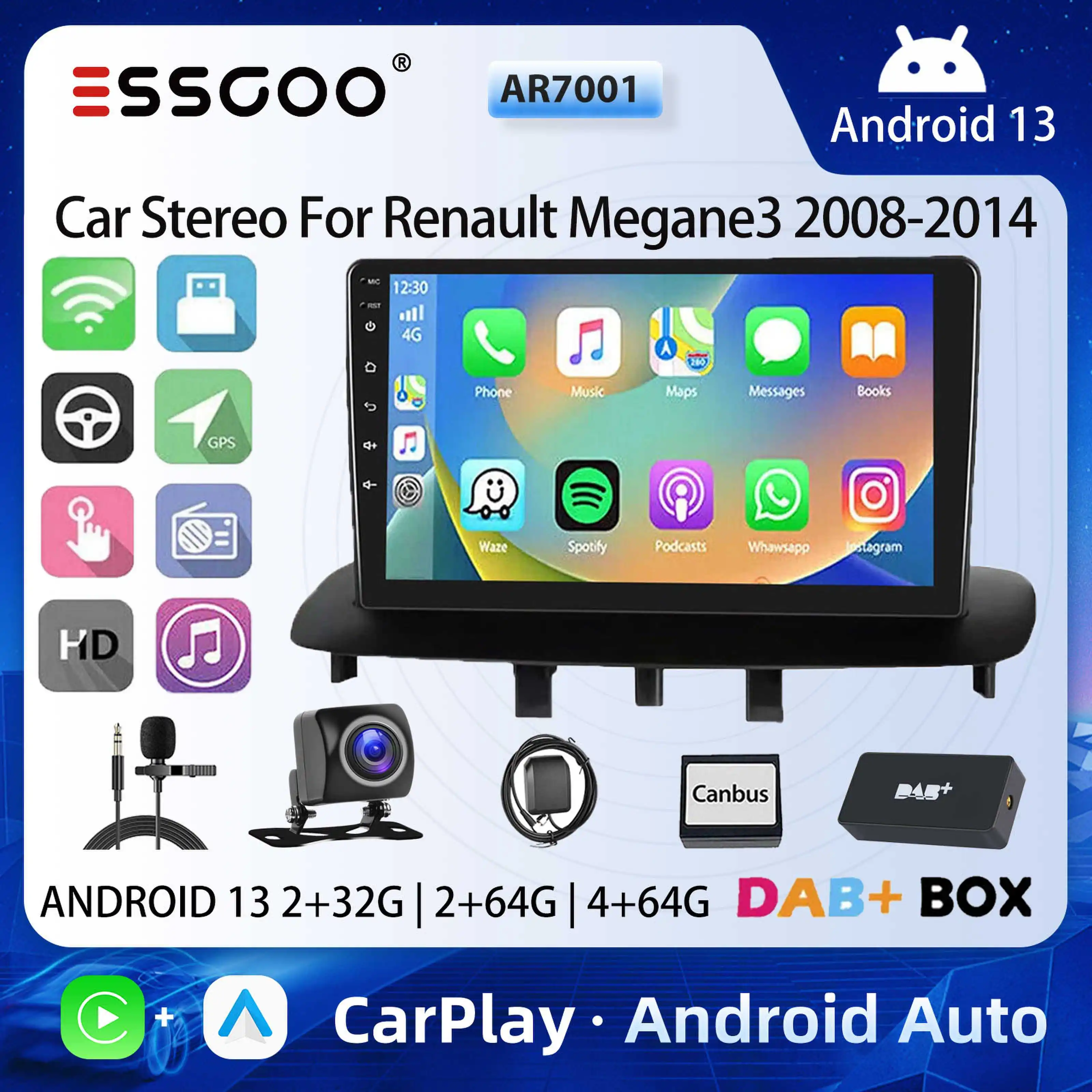 ESSGOO Car Radio Stereo For Renault Megane3 2008-2014 64G Android 13 CarPlay Android Auto Bluetooth WIFI BT FM GPS NAVI DAB+CAM