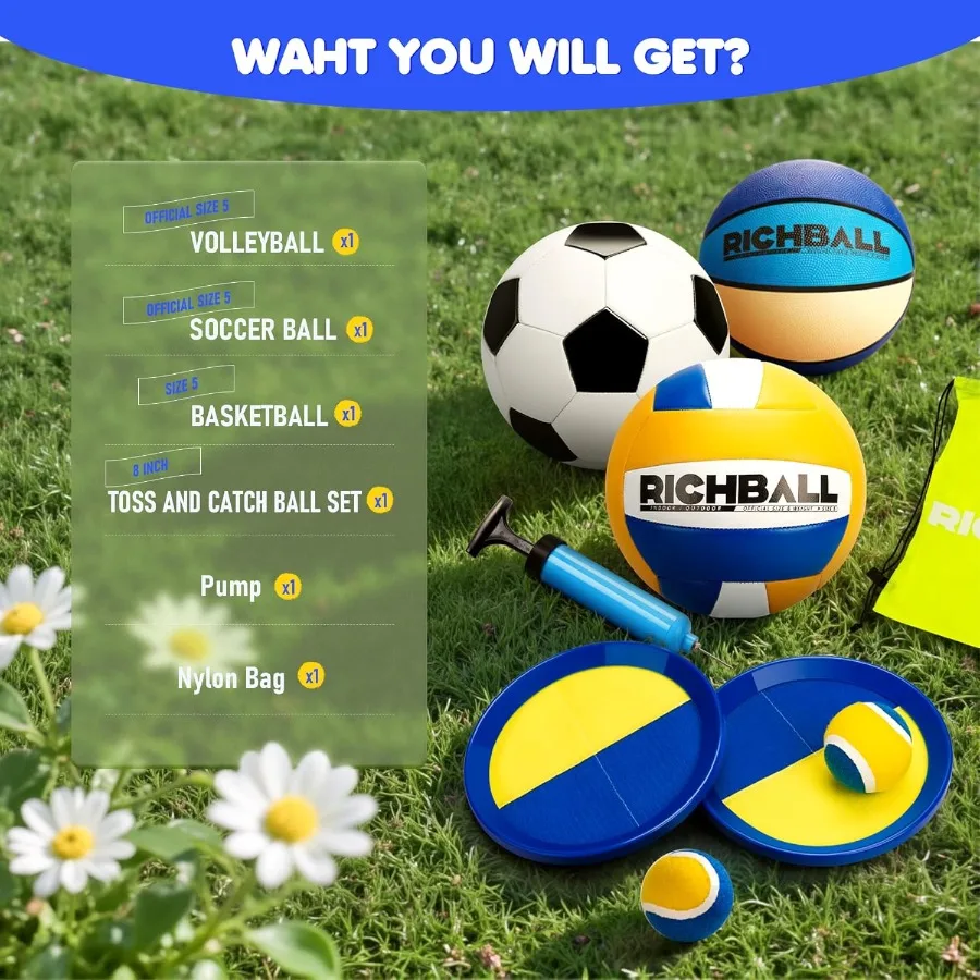 4in1 Outdoor Sports Ball Set for Soccer Ball Basketball Volleyball and TossandCatch Paddle Game for Boys and Girls 412 Years Ol