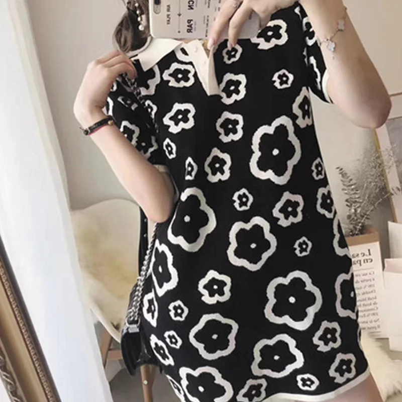 Knitting Dresses Summer New Sweet Buttons Polo-Neck Short Sleeve Midi Dress Women Clothing Korean Printing Slim A-line Skirt